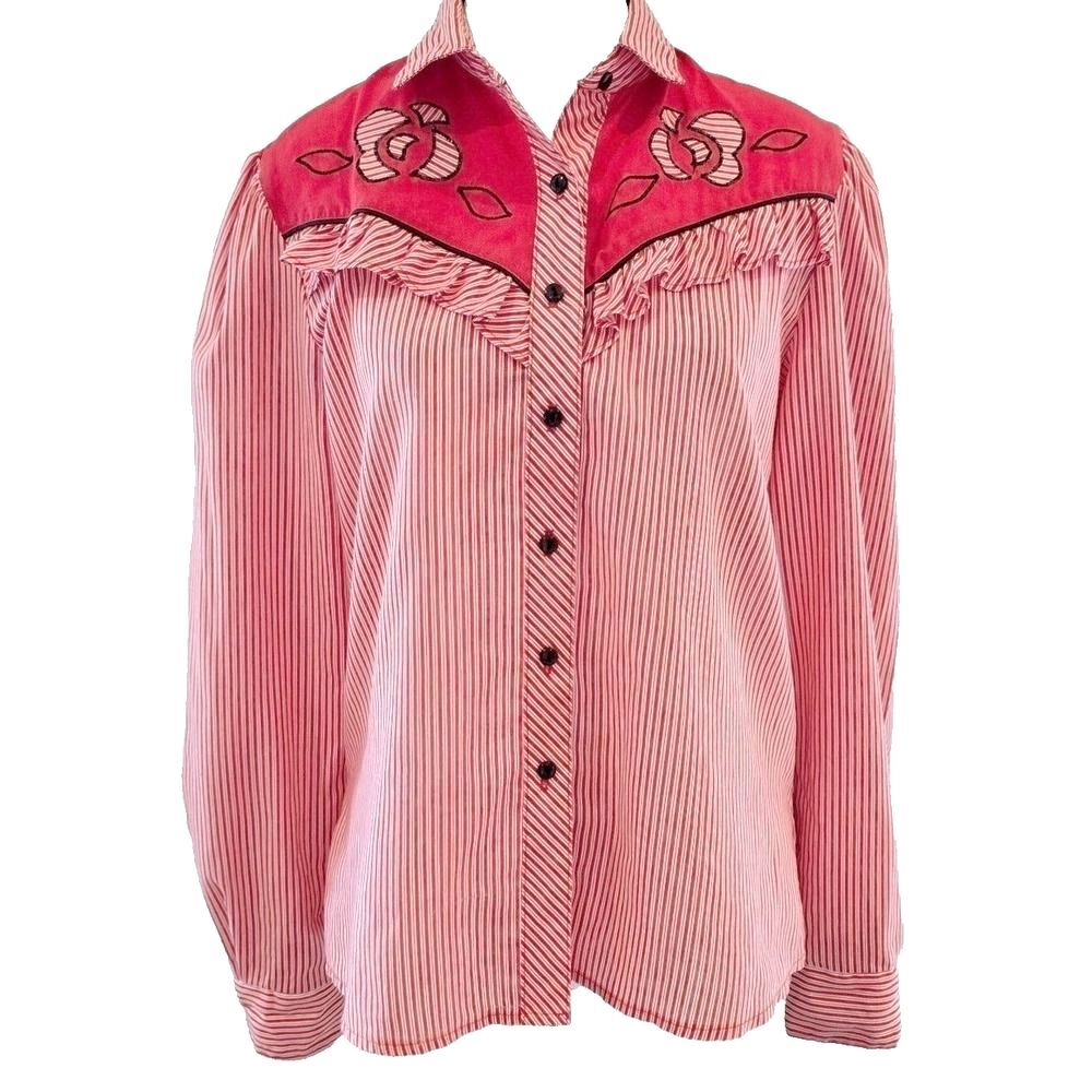 Vtg 1980s Womens Western Shirt Red White Candy Stripe Ruffle Rose Embroidered M